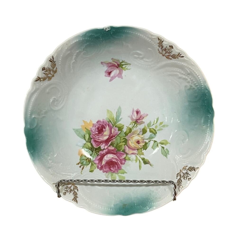 Vintage Floral Serving Bowl 9” Pink Roses Gold Trim Cottagecore